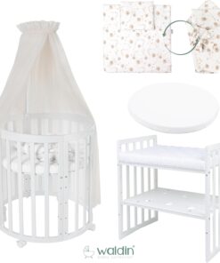 Waldin Oval Baby-Bett Mitwachsend Komplett Set 7in1, Gitterbett, Kinderbett mit Matratze, Wickelkommode, Beistellbett, Holz Weiß