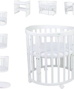 Waldin Oval Baby-Bett Mitwachsend Komplett Set 7in1, Gitterbett, Kinderbett mit Matratze, Wickelkommode, Beistellbett, Holz Weiß