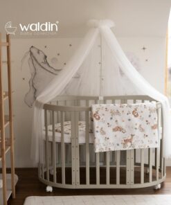 Waldin Oval Baby-Bett Mitwachsend Komplett Set 7in1, Gitterbett, Kinderbett mit Matratze, Wickelkommode, Beistellbett, Holz Weiß