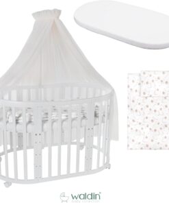 Waldin Oval Baby-Bett Mitwachsend Komplett Set 7in1, Gitterbett, Kinderbett mit Matratze, Wickelkommode, Beistellbett, Holz Weiß