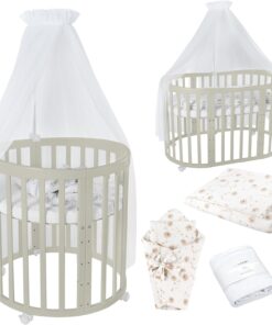 Waldin Oval Baby-Bett Mitwachsend Komplett Set 7in1, Gitterbett, Kinderbett mit Matratze, Wickelkommode, Beistellbett, Holz Weiß