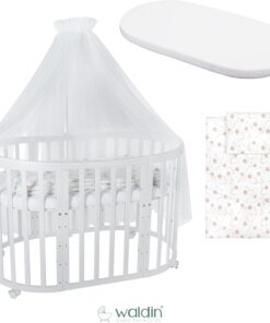 Waldin Oval Baby-Bett Mitwachsend Komplett Set 7in1, Gitterbett, Kinderbett mit Matratze, Wickelkommode, Beistellbett, Holz Weiß