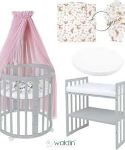 Waldin Oval Baby-Bett Mitwachsend Komplett Set 7in1, Gitterbett, Kinderbett mit Matratze, Wickelkommode, Beistellbett, Holz Weiß