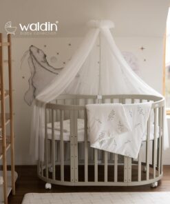 Waldin Oval Baby-Bett Mitwachsend Komplett Set 7in1, Gitterbett, Kinderbett mit Matratze, Wickelkommode, Beistellbett, Holz Weiß