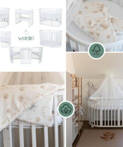 Waldin Oval Baby-Bett Mitwachsend Komplett Set 7in1, Gitterbett, Kinderbett mit Matratze, Wickelkommode, Beistellbett, Holz Weiß