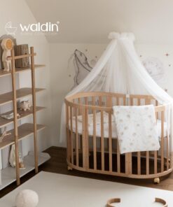 Waldin Oval Baby-Bett Mitwachsend Komplett Set 7in1, Gitterbett, Kinderbett mit Matratze, Wickelkommode, Beistellbett, Holz Weiß