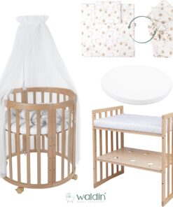 Waldin Oval Baby-Bett Mitwachsend Komplett Set 7in1, Gitterbett, Kinderbett mit Matratze, Wickelkommode, Beistellbett, Holz Weiß