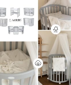 Waldin Oval Baby-Bett Mitwachsend Komplett Set 7in1, Gitterbett, Kinderbett mit Matratze, Wickelkommode, Beistellbett, Holz Weiß