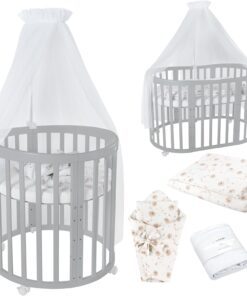 Waldin Oval Baby-Bett Mitwachsend Komplett Set 7in1, Gitterbett, Kinderbett mit Matratze, Wickelkommode, Beistellbett, Holz Weiß