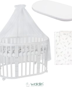 Waldin Oval Baby-Bett Mitwachsend Komplett Set 7in1, Gitterbett, Kinderbett mit Matratze, Wickelkommode, Beistellbett, Holz Weiß