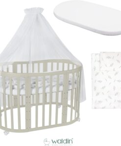 Waldin Oval Baby-Bett Mitwachsend Komplett Set 7in1, Gitterbett, Kinderbett mit Matratze, Wickelkommode, Beistellbett, Holz Weiß