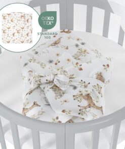 Waldin Oval Baby-Bett Mitwachsend Komplett Set 7in1, Gitterbett, Kinderbett mit Matratze, Wickelkommode, Beistellbett, Holz Weiß