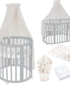 Waldin Oval Baby-Bett Mitwachsend Komplett Set 7in1, Gitterbett, Kinderbett mit Matratze, Wickelkommode, Beistellbett, Holz Weiß