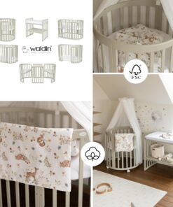 Waldin Oval Baby-Bett Mitwachsend Komplett Set 7in1, Gitterbett, Kinderbett mit Matratze, Wickelkommode, Beistellbett, Holz Weiß