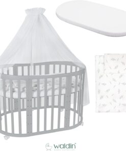 Waldin Oval Baby-Bett Mitwachsend Komplett Set 7in1, Gitterbett, Kinderbett mit Matratze, Wickelkommode, Beistellbett, Holz Weiß